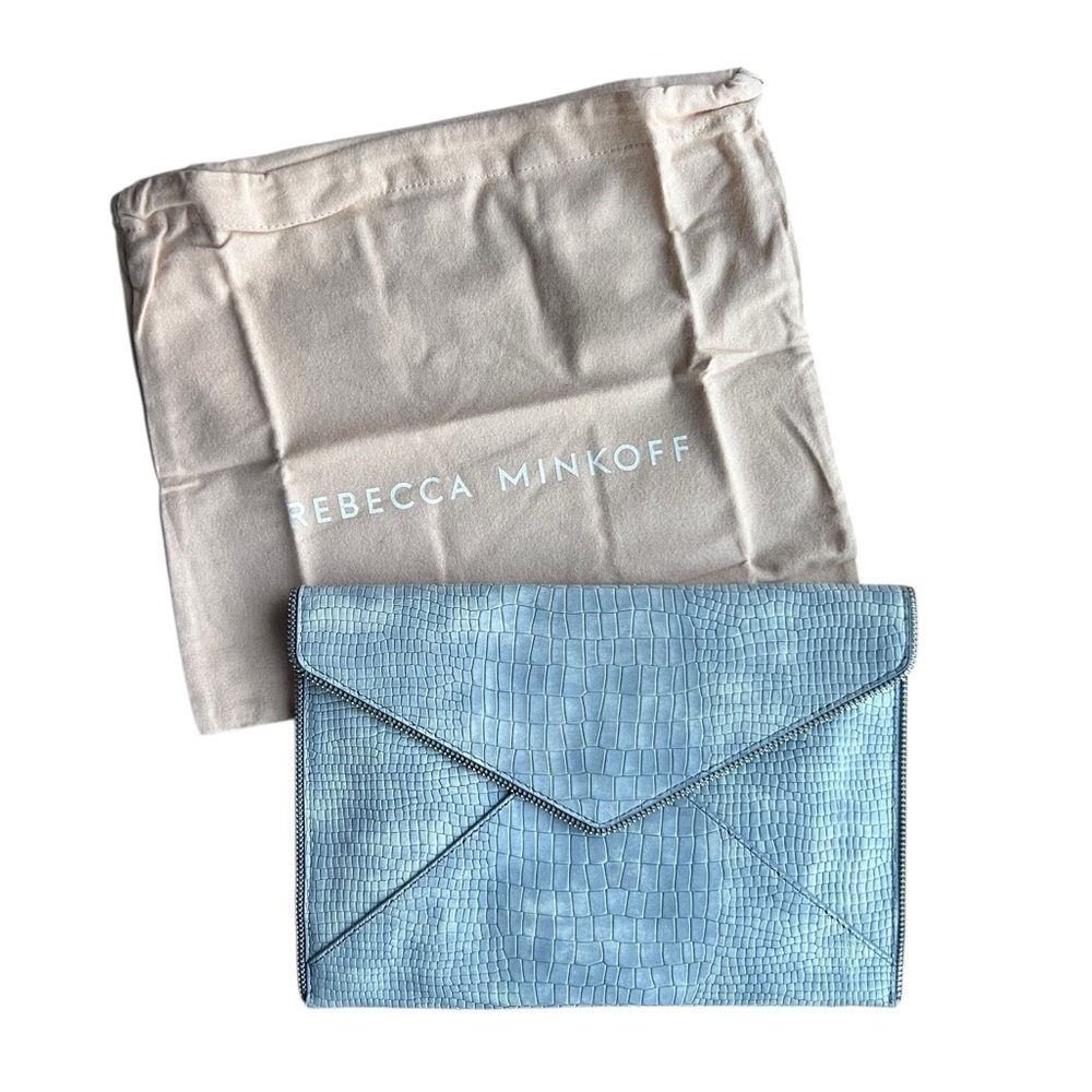 Rebecca Minkoff Leo clutch periwinkle light blue‎ croc-embossed leather finish